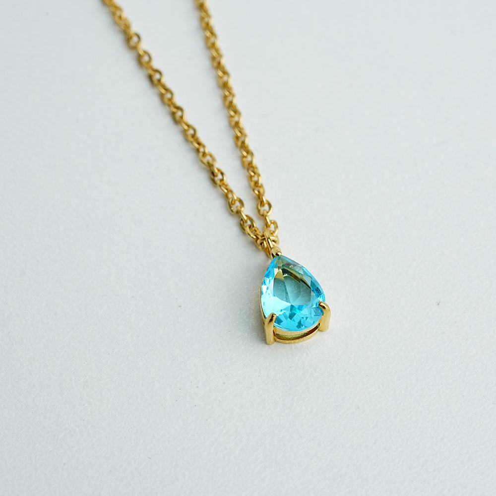 Waterdrop Necklace HighGrade 18K Gold Plated Champagne Cubic Blue (CZ)
