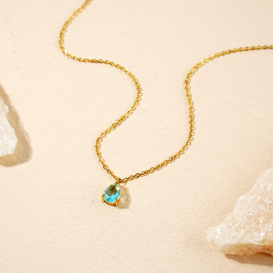 Waterdrop Necklace HighGrade 18K Gold Plated Champagne Cubic Blue (CZ)
