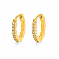 Gold hoop earrings with small diamonds on a white background